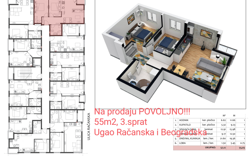 Na prodaju stan površine 55m2 na uglu ulica Račanska i Beogradska