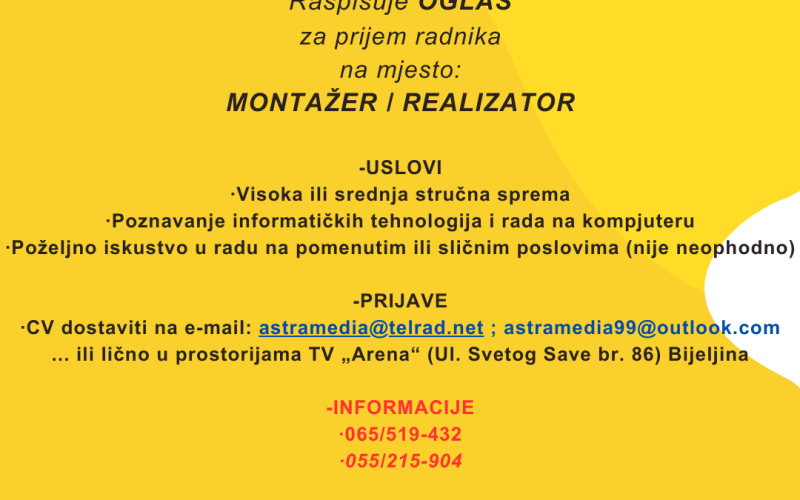 Prijem radnika MONTAŽER/REALIZATOR